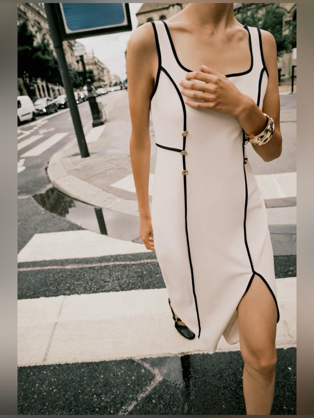 ZARA Contrast Trim Midi Dress Ecru Black NWT Size Large - Picture 14 of 15